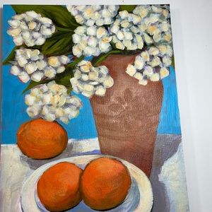 Original Painting White Abstract Flowers in Tara Carta Vase & Fruit Kitchen Art